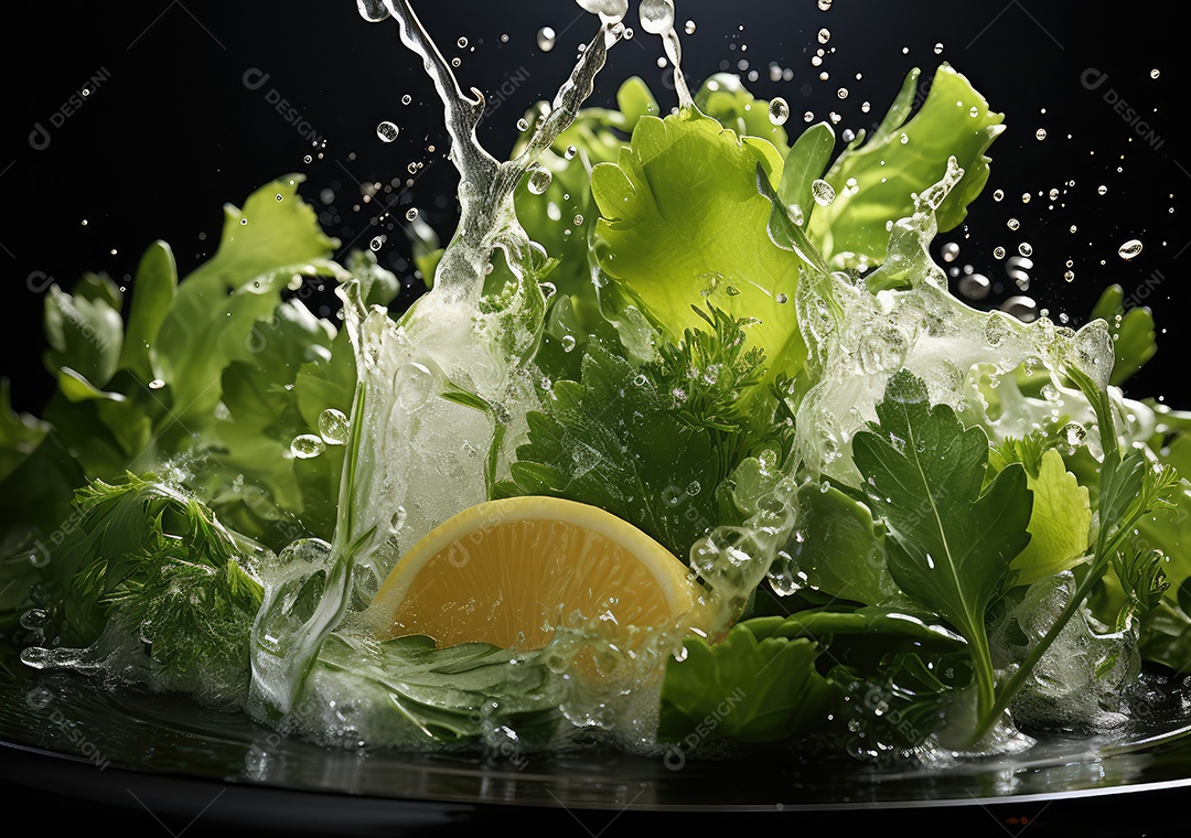 Salada de legumes frescos e comida com respingos de água flutuam no prato com fundo escuro de estúdio. IA generativa.
