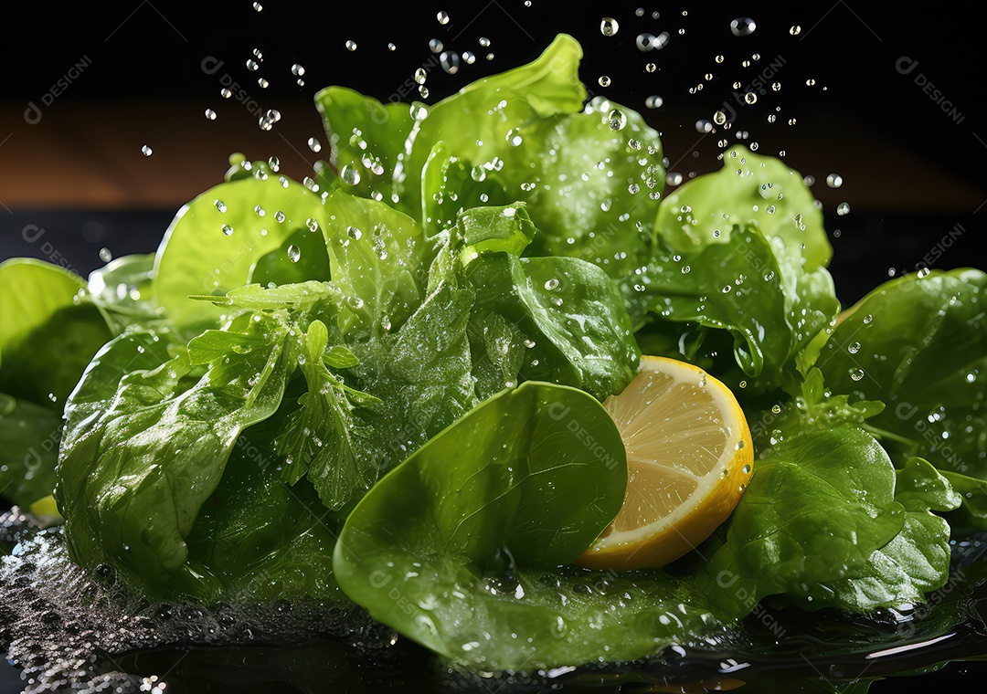 Salada de legumes frescos e comida com respingos de água flutuam no prato com fundo escuro de estúdio. IA generativa.