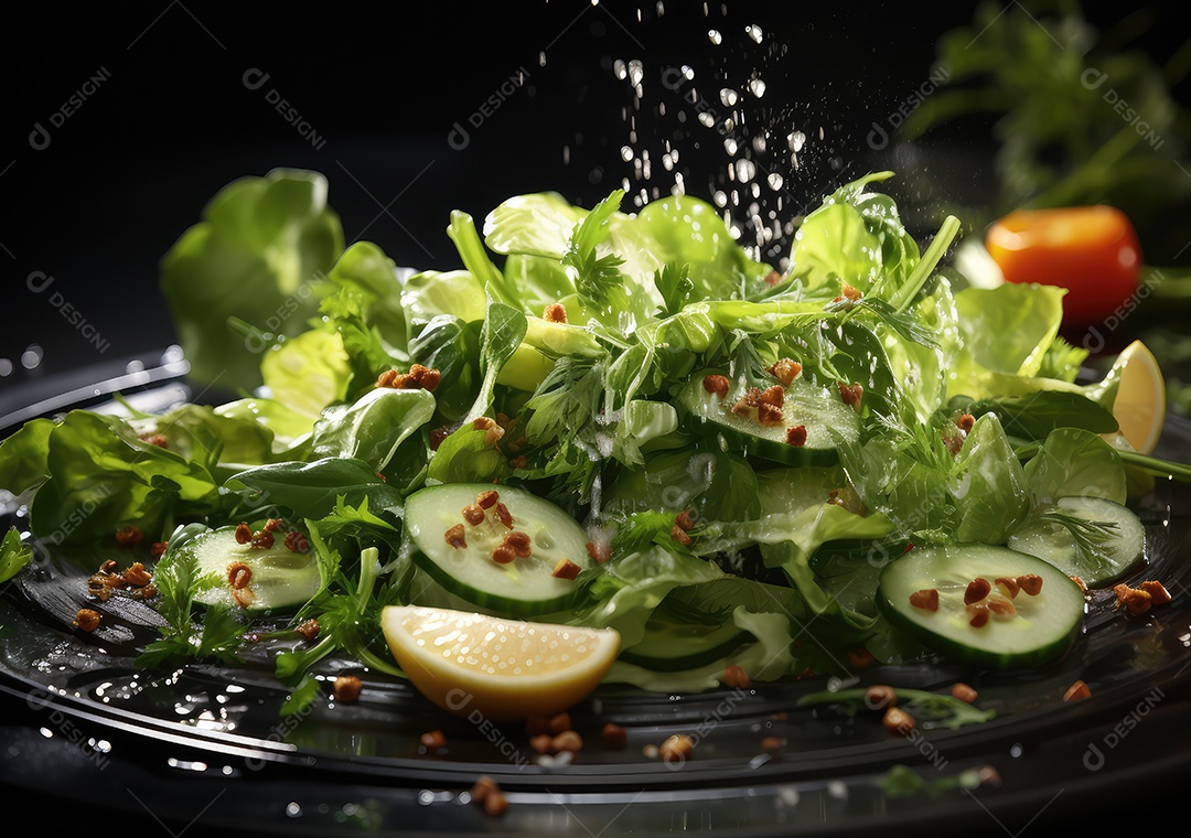 Salada de legumes frescos e comida com respingos de água flutuam no prato com fundo escuro de estúdio. IA generativa.