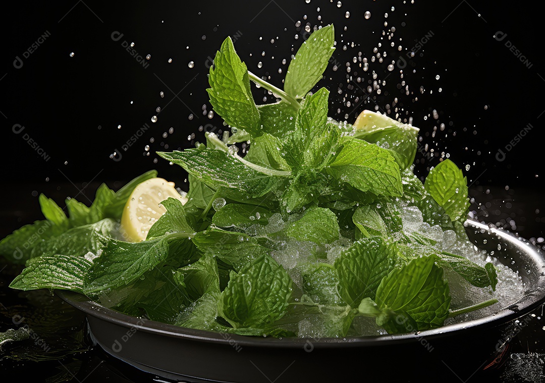 Salada de legumes frescos e comida com respingos de água flutuam no prato com fundo escuro de estúdio. IA generativa.