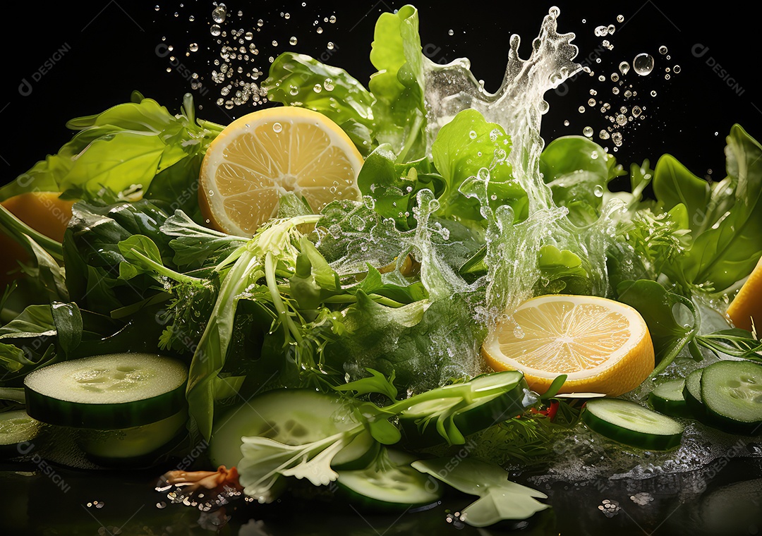 Salada de legumes frescos e comida com respingos de água flutuam no prato com fundo escuro de estúdio. IA generativa.