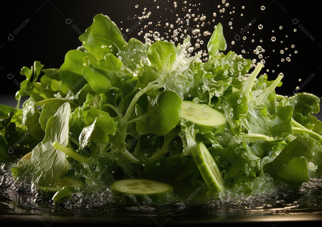 Salada de legumes frescos e comida com respingos de água flutuam no prato com fundo escuro de estúdio. IA generativa.