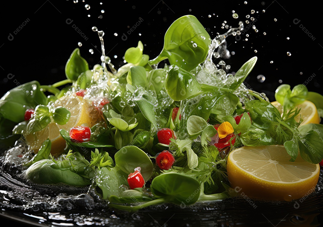Salada de legumes frescos e comida com respingos de água flutuam no prato com fundo escuro de estúdio. IA generativa.