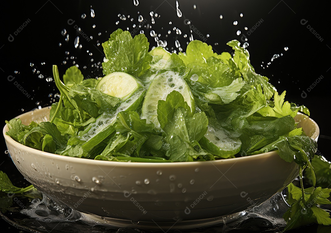Salada de legumes frescos e comida com respingos de água flutuam no prato com fundo escuro de estúdio. IA generativa.