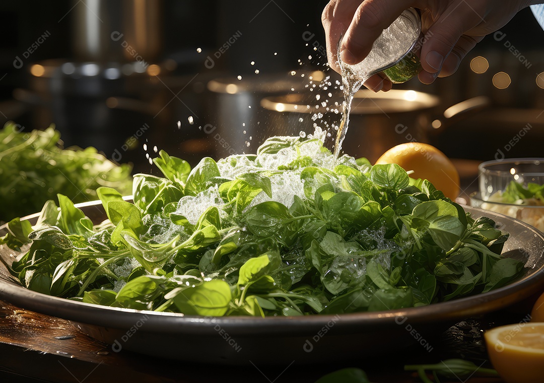 Salada de legumes frescos e comida com respingos de água flutuam no prato com fundo escuro de estúdio. IA generativa.