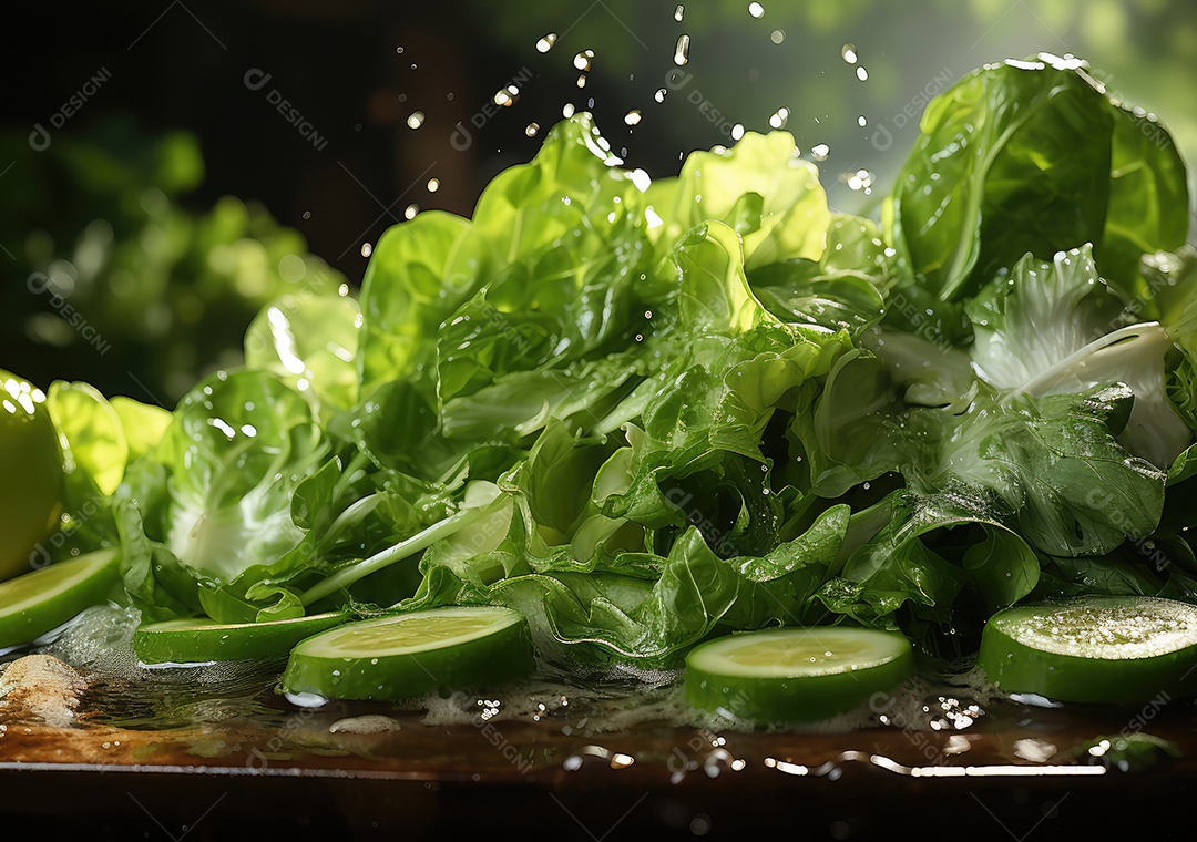 Salada de legumes frescos e comida com respingos de água flutuam no prato com fundo escuro de estúdio. IA generativa.