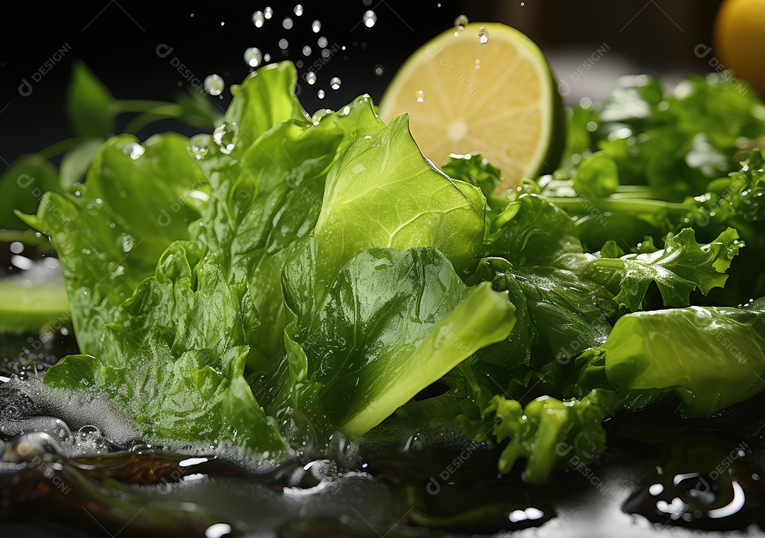 Salada de legumes frescos e comida com respingos de água flutuam no prato com fundo escuro de estúdio. IA generativa.