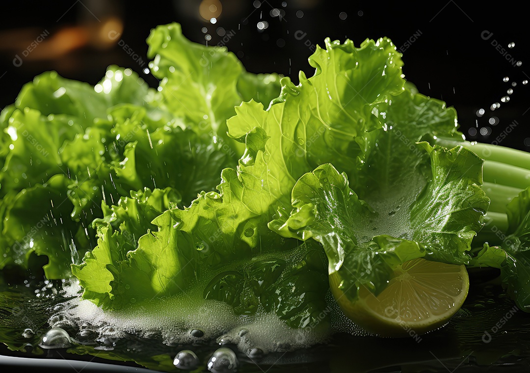 Salada de legumes frescos e comida com respingos de água flutuam no prato com fundo escuro de estúdio. IA generativa.