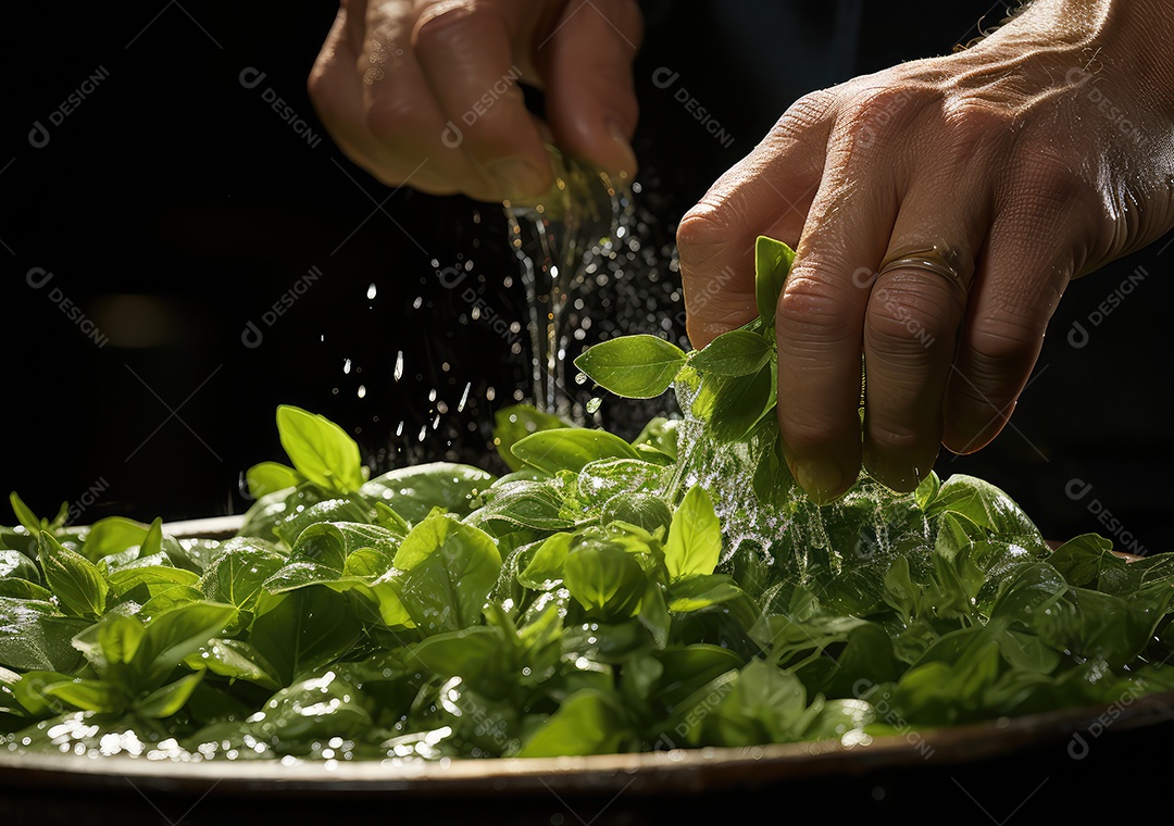 Salada de legumes frescos e comida com respingos de água flutuam no prato com fundo escuro de estúdio. IA generativa.