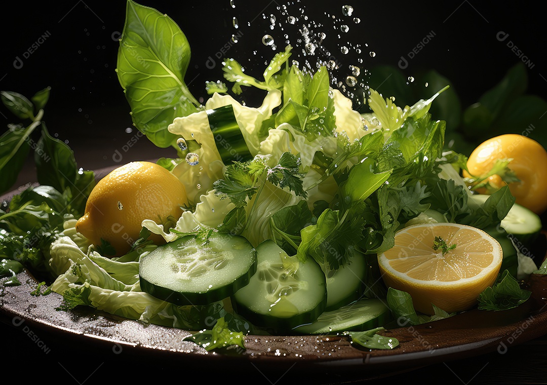 Salada de legumes frescos e comida com respingos de água flutuam no prato com fundo escuro de estúdio. IA generativa.