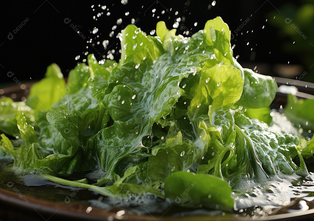 Salada de legumes frescos e comida com respingos de água flutuam no prato com fundo escuro de estúdio. IA generativa.