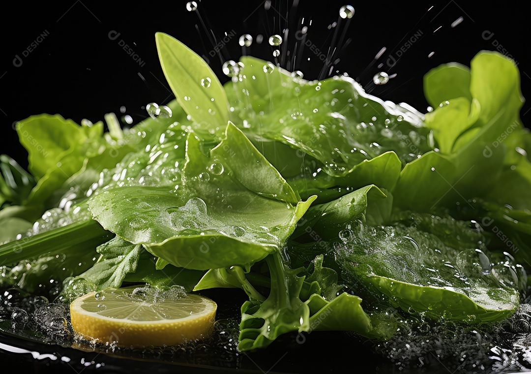 Frutas frescas Mix e salada com respingos de água flutuam no prato com fundo escuro de estúdio. IA generativa.