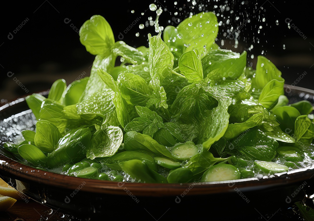 Frutas frescas Mix e salada com respingos de água flutuam no prato com fundo escuro de estúdio. IA generativa.