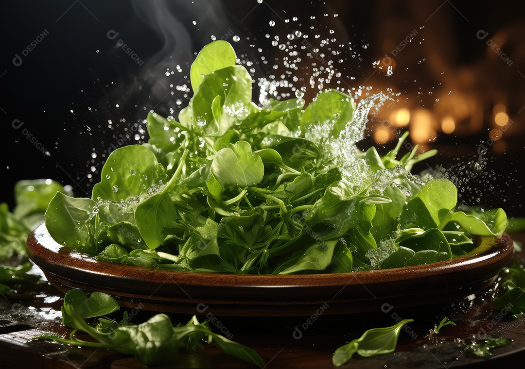 Frutas frescas Mix e salada com respingos de água flutuam no prato com fundo escuro de estúdio. IA generativa.