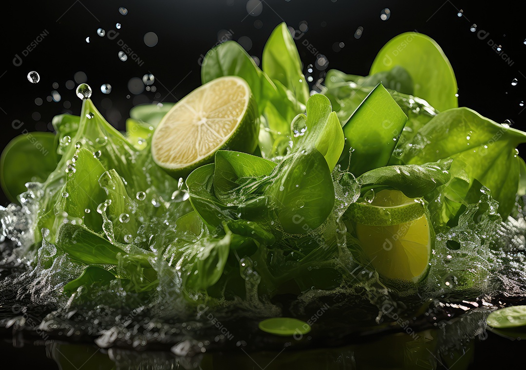 Frutas frescas Mix e salada com respingos de água flutuam no prato com fundo escuro de estúdio. IA generativa.