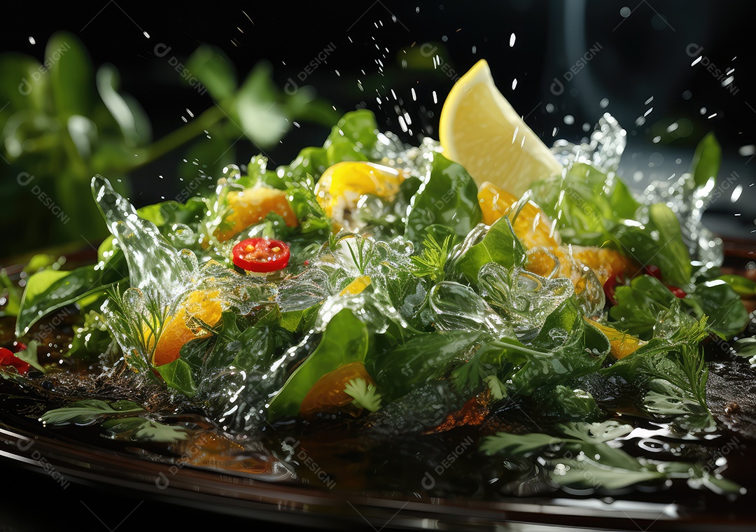 Frutas frescas Mix e salada com respingos de água flutuam no prato com fundo escuro de estúdio. IA generativa.