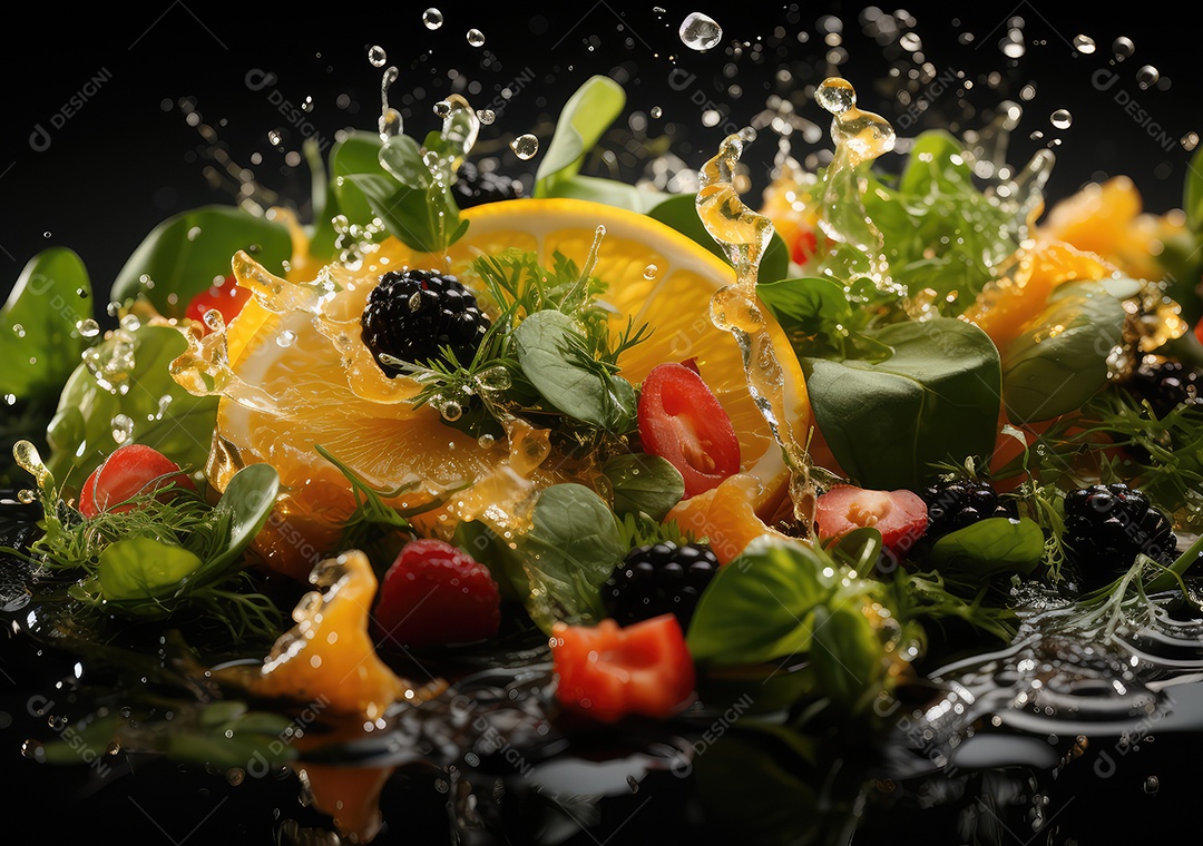 Frutas frescas Mix e salada com respingos de água flutuam no prato com fundo escuro de estúdio. IA generativa.
