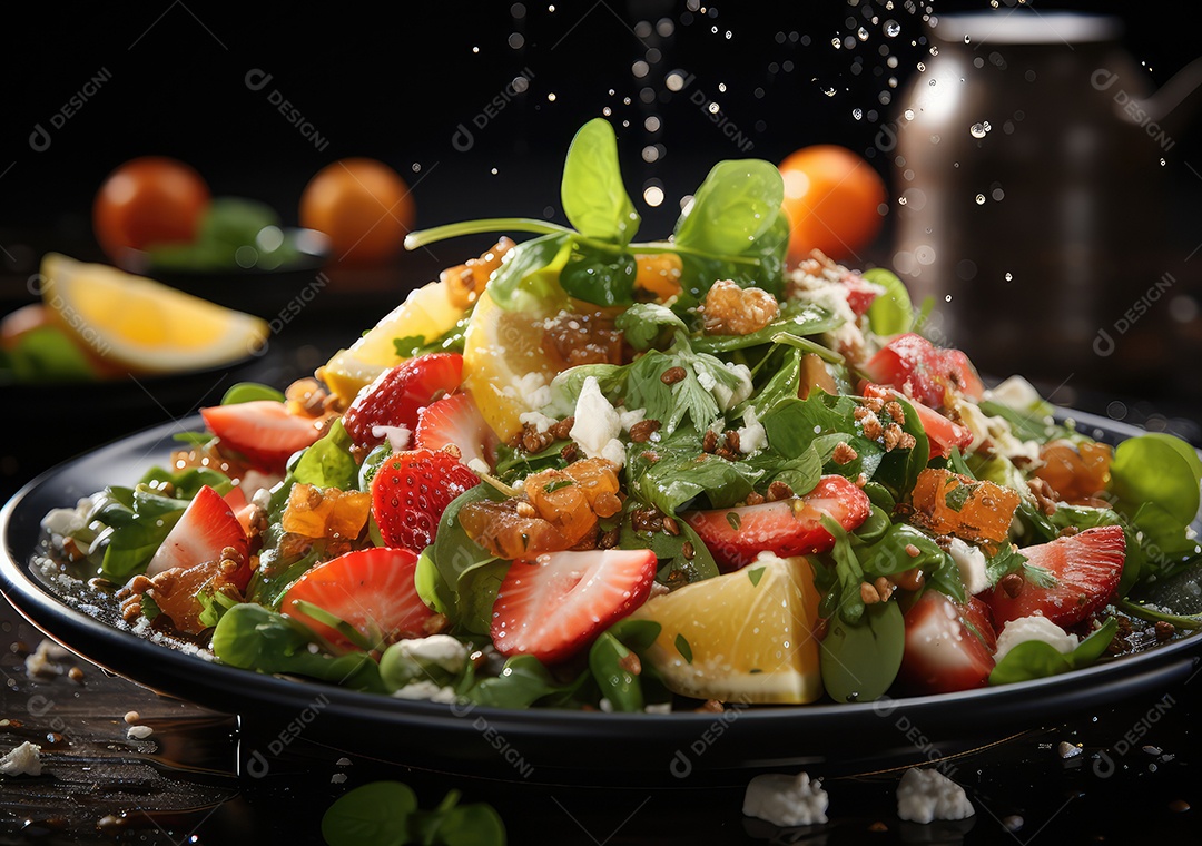 Frutas frescas Mix e salada com respingos de água flutuam no prato com fundo escuro de estúdio. IA generativa.