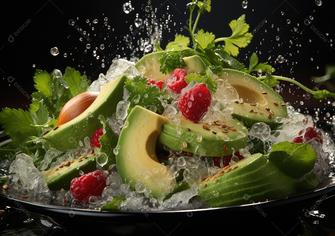 Frutas frescas Mix e salada com respingos de água flutuam no prato com fundo escuro de estúdio. IA generativa.