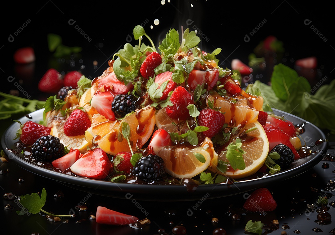 Frutas frescas Mix e salada com respingos de água flutuam no prato com fundo escuro de estúdio. IA generativa.