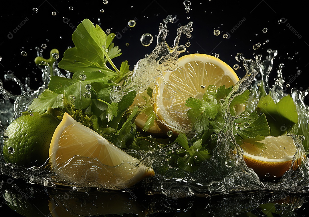 Frutas frescas Mix e salada com respingos de água flutuam no prato com fundo escuro de estúdio. IA generativa.