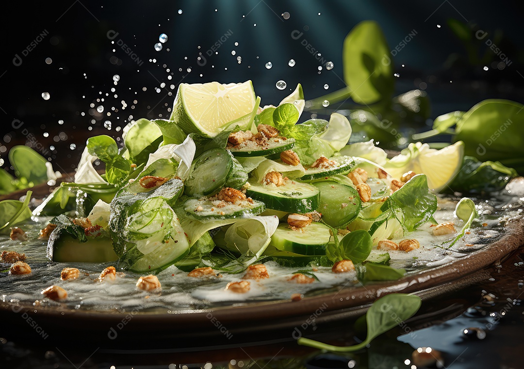 Frutas frescas Mix e salada com respingos de água flutuam no prato com fundo escuro de estúdio. IA generativa.