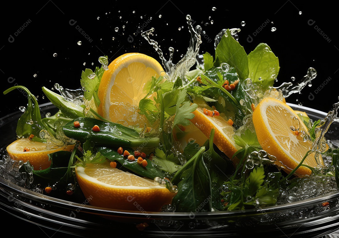 Frutas frescas Mix e salada com respingos de água flutuam no prato com fundo escuro de estúdio. IA generativa.