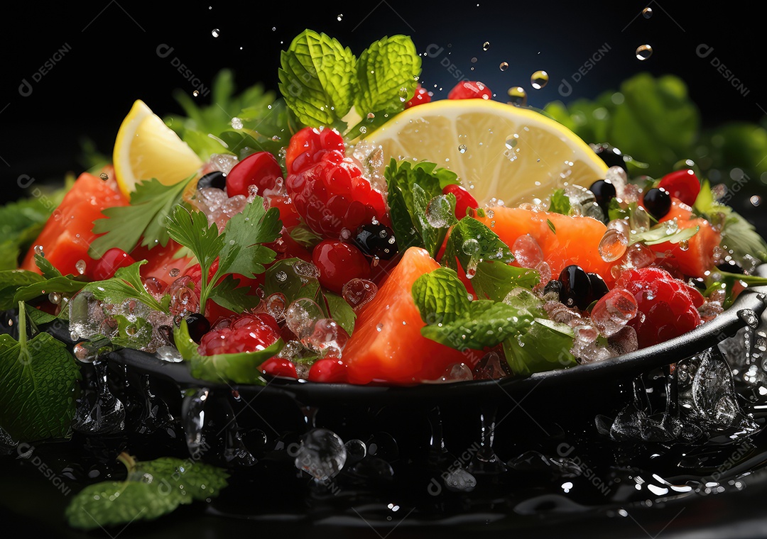 Frutas frescas Mix e salada com respingos de água flutuam no prato com fundo escuro de estúdio. IA generativa.