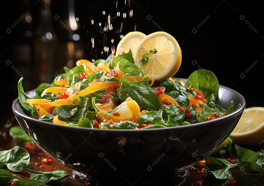 Frutas frescas Mix e salada com respingos de água flutuam no prato com fundo escuro de estúdio. IA generativa.