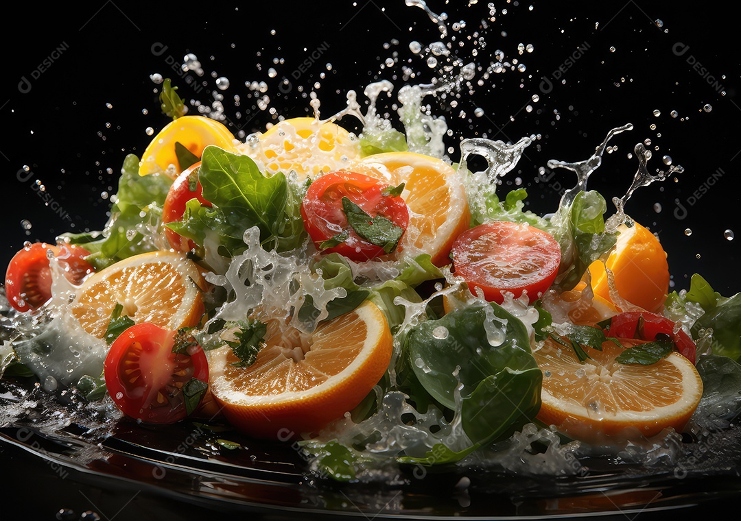 Frutas frescas Mix e salada com respingos de água flutuam no prato com fundo escuro de estúdio. IA generativa.