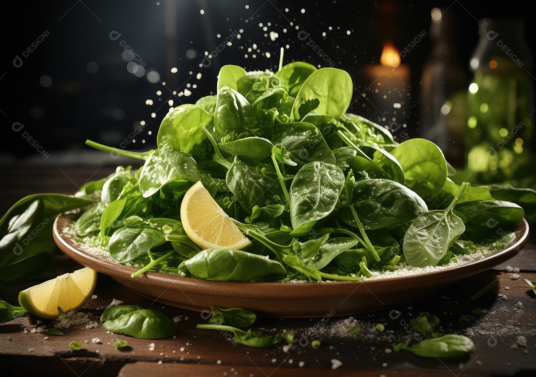 Frutas frescas Mix e salada com respingos de água flutuam no prato com fundo escuro de estúdio. IA generativa.