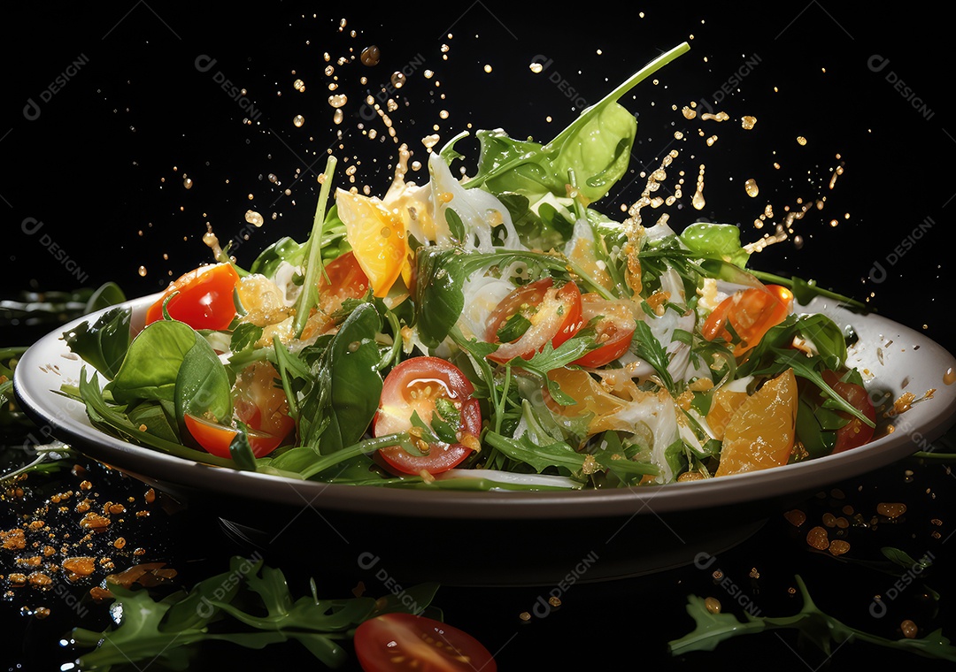 Frutas frescas Mix e salada com respingos de água flutuam no prato com fundo escuro de estúdio. IA generativa.