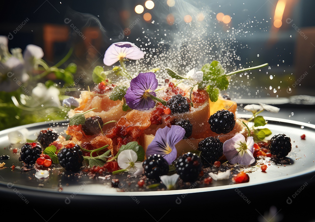 Frutas frescas Mix e salada com respingos de água flutuam no prato com fundo escuro de estúdio. IA generativa.