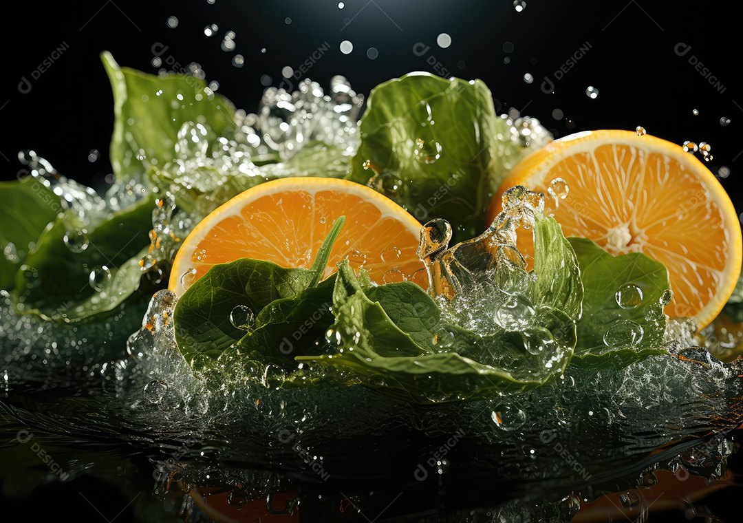 Frutas frescas Mix e salada com respingos de água flutuam no prato com fundo escuro de estúdio. IA generativa.