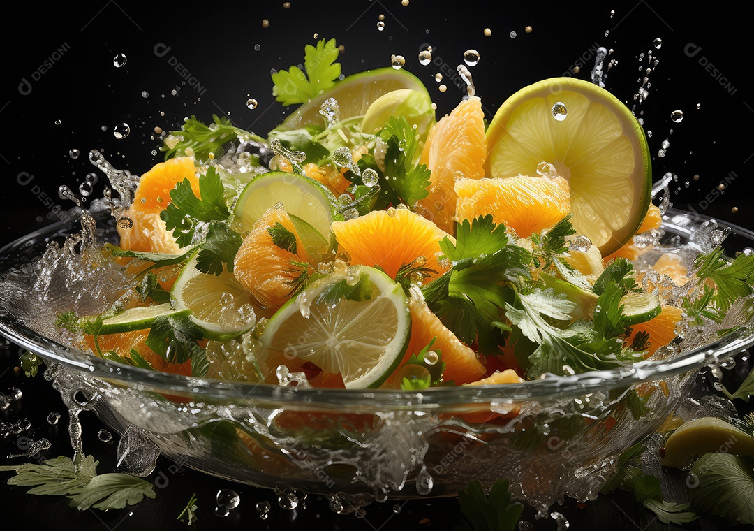 Frutas frescas Mix e salada com respingos de água flutuam no prato com fundo escuro de estúdio. IA generativa.