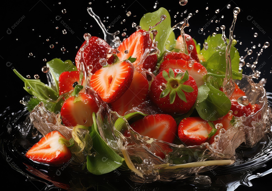 Frutas frescas Mix e salada com respingos de água flutuam no prato com fundo escuro de estúdio. IA generativa.