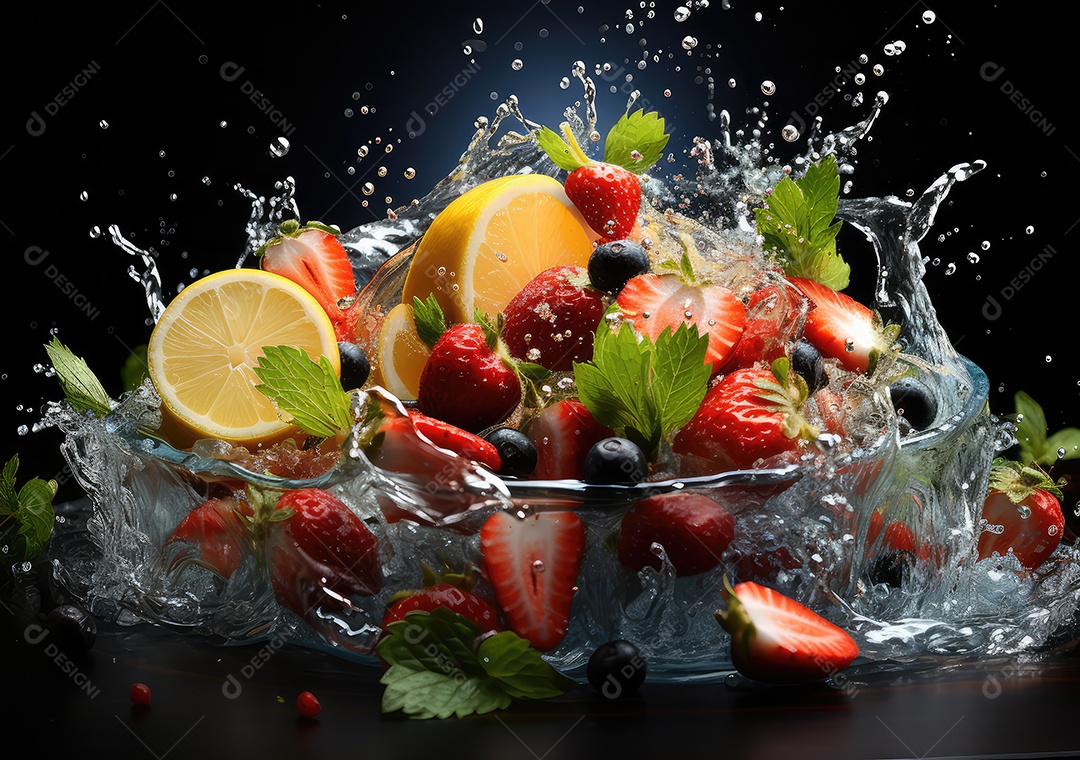 Frutas frescas Mix e salada com respingos de água flutuam no prato com fundo escuro de estúdio. IA generativa.