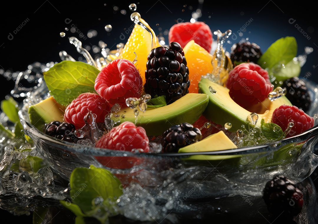 Frutas frescas Mix e salada com respingos de água flutuam no prato com fundo escuro de estúdio. IA generativa.