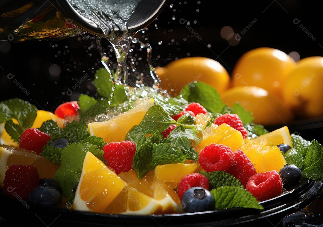 Frutas frescas Mix e salada com respingos de água flutuam no prato com fundo escuro de estúdio. IA generativa.