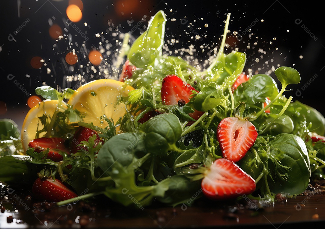 Frutas frescas Mix e salada com respingos de água flutuam no prato com fundo escuro de estúdio. IA generativa.