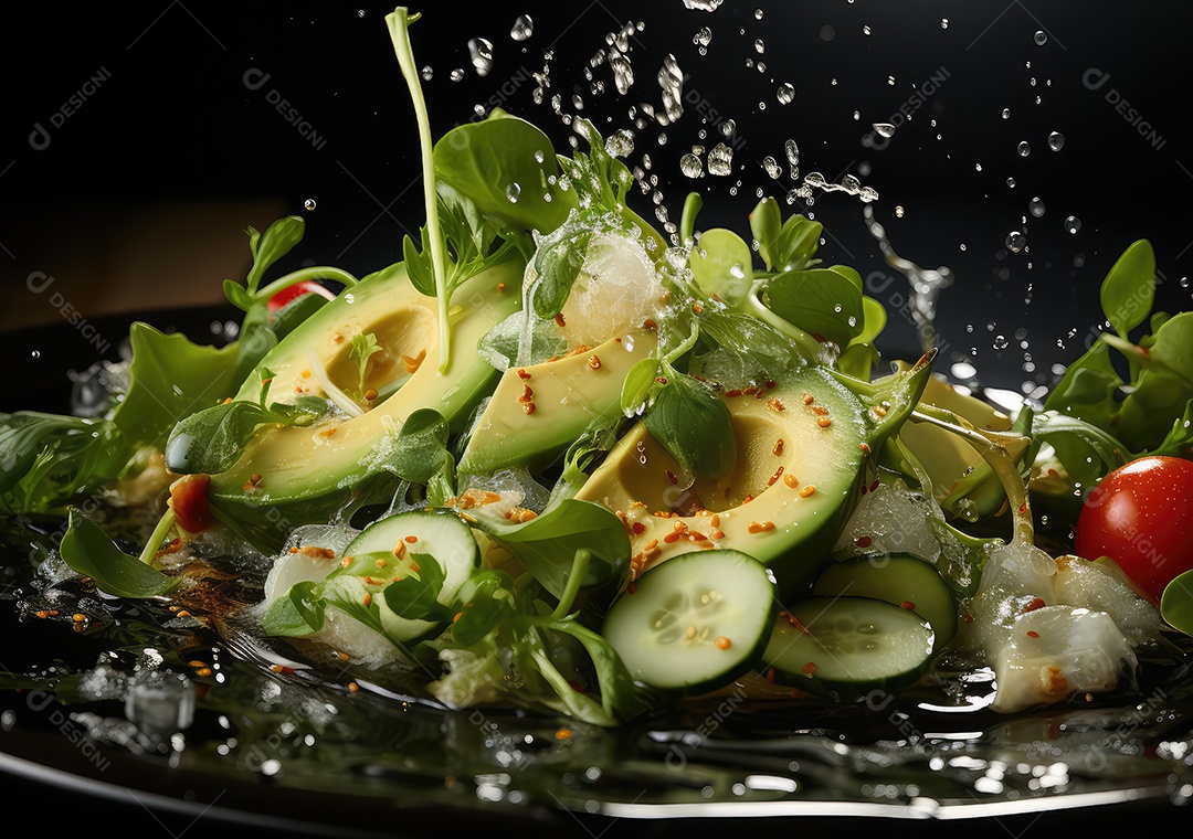 Frutas frescas Mix e salada com respingos de água flutuam no prato com fundo escuro de estúdio. IA generativa.