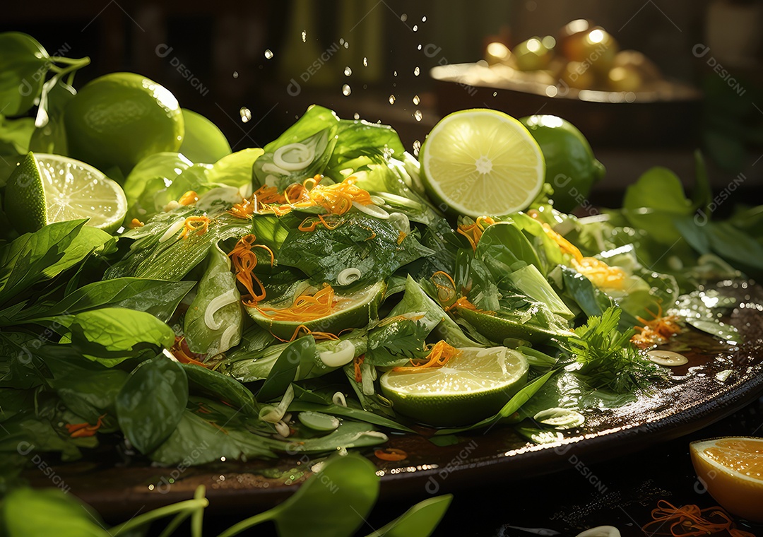 Frutas frescas Mix e salada com respingos de água flutuam no prato com fundo escuro de estúdio. IA generativa.