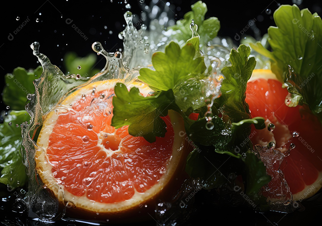 Frutas frescas Mix e salada com respingos de água flutuam no prato com fundo escuro de estúdio. IA generativa.