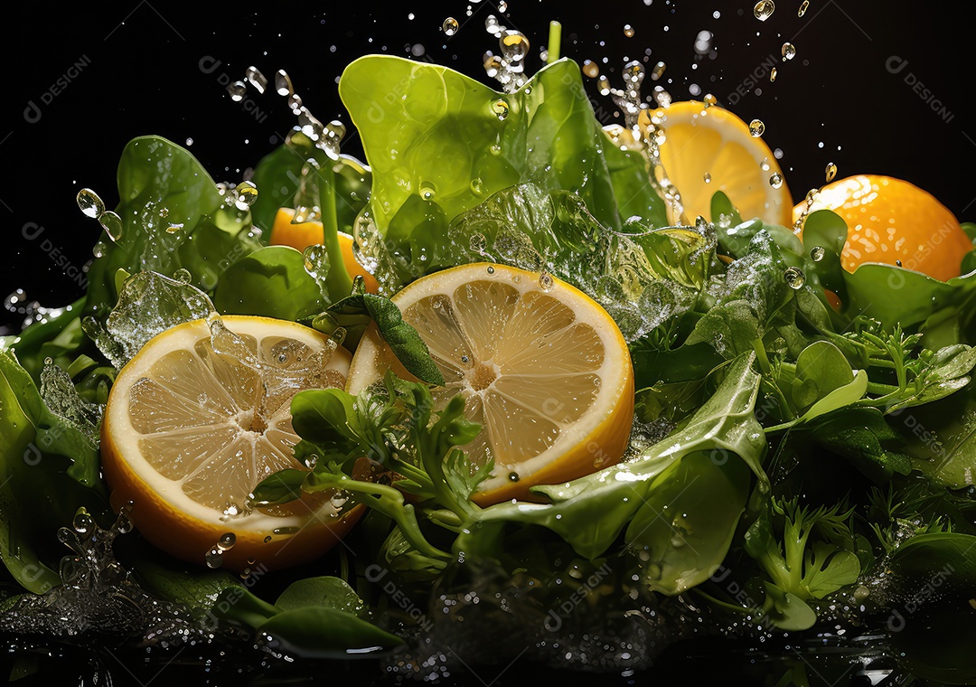 Frutas frescas Mix e salada com respingos de água flutuam no prato com fundo escuro de estúdio. IA generativa.
