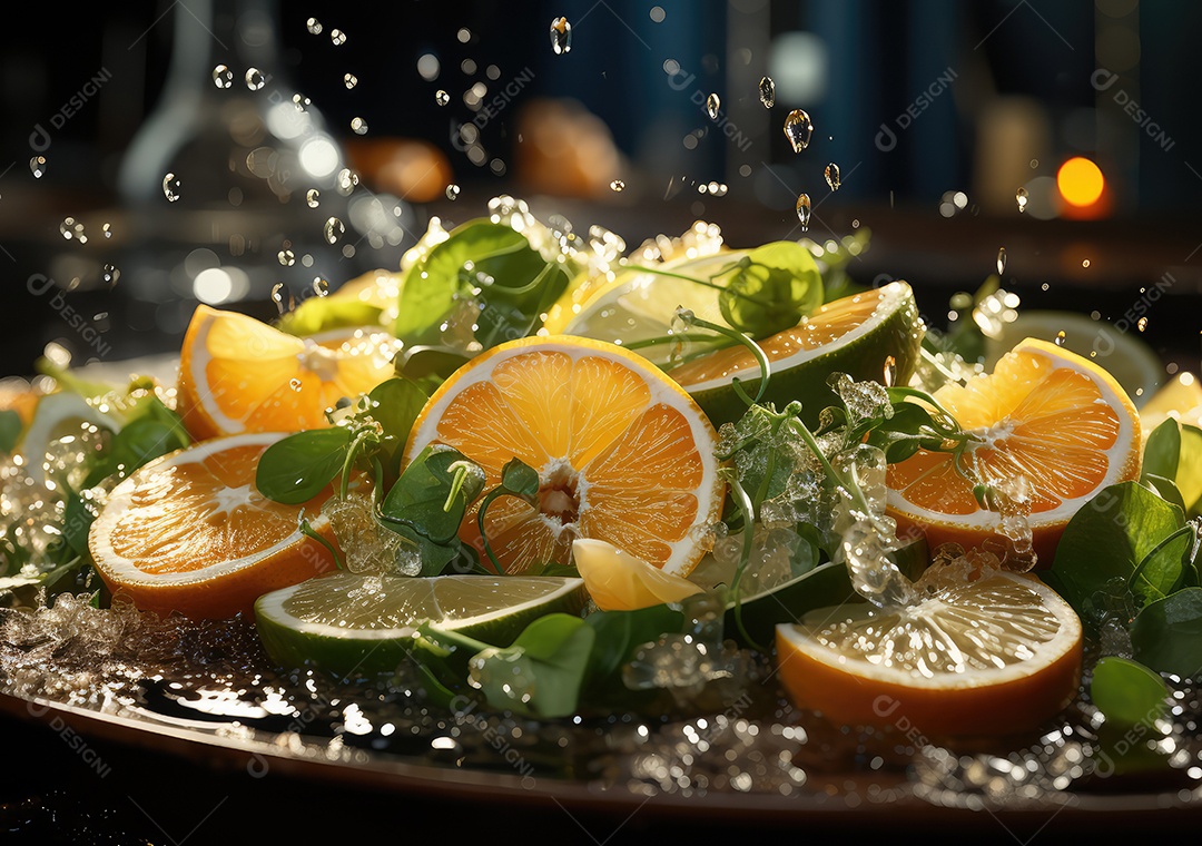 Frutas frescas Mix e salada com respingos de água flutuam no prato com fundo escuro de estúdio. IA generativa.