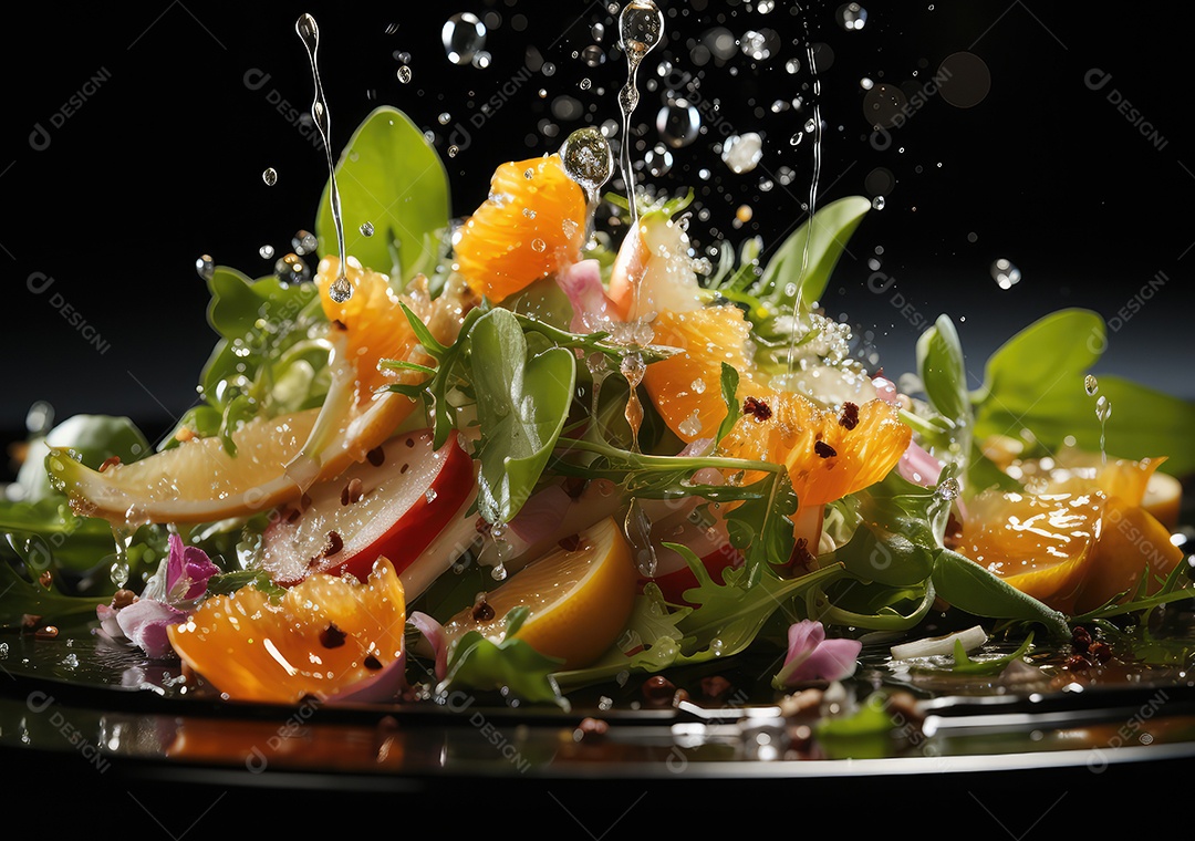 Frutas frescas Mix e salada com respingos de água flutuam no prato com fundo escuro de estúdio. IA generativa.