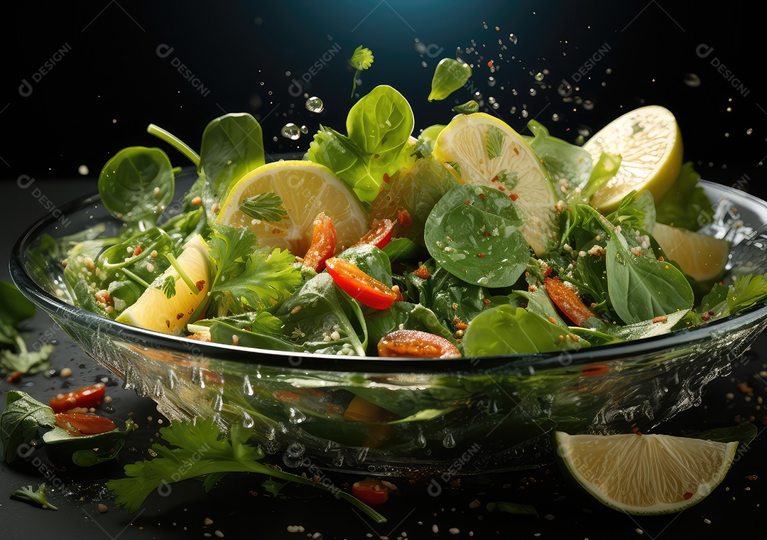 Frutas frescas Mix e salada com respingos de água flutuam no prato com fundo escuro de estúdio. IA generativa.