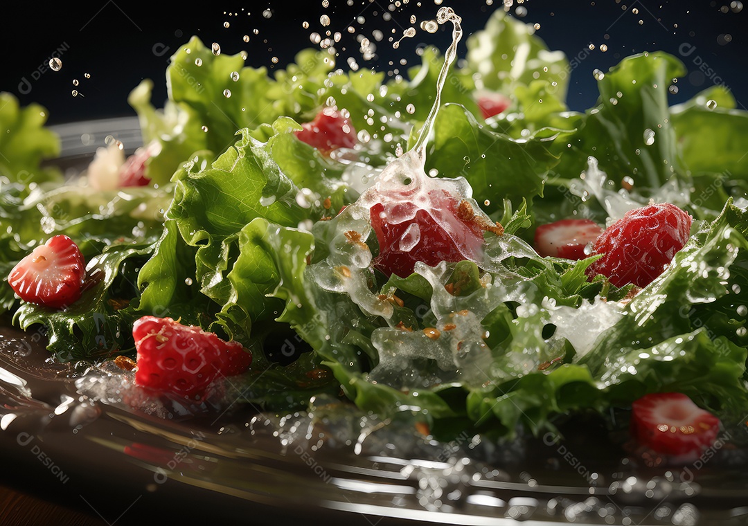 Frutas frescas Mix e salada com respingos de água flutuam no prato com fundo escuro de estúdio. IA generativa.