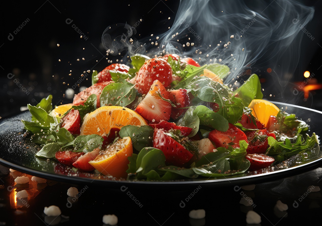 Frutas frescas Mix e salada com respingos de água flutuam no prato com fundo escuro de estúdio. IA generativa.