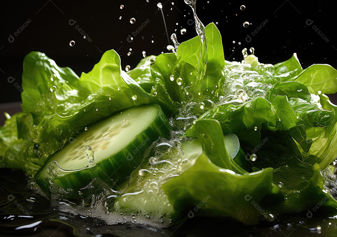 Frutas frescas Mix e salada com respingos de água flutuam no prato com fundo escuro de estúdio. IA generativa.